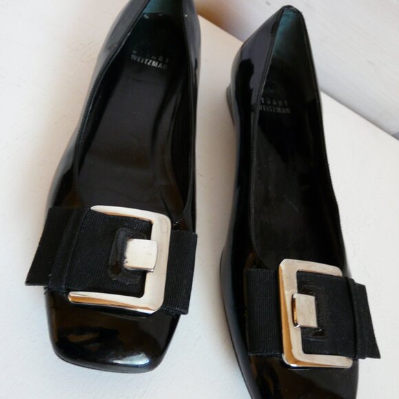 Stuart Weitzman Black Patent Leather Slip On Large Buckle Flats Sz 37 US 6.5 - Picture 2 of 14